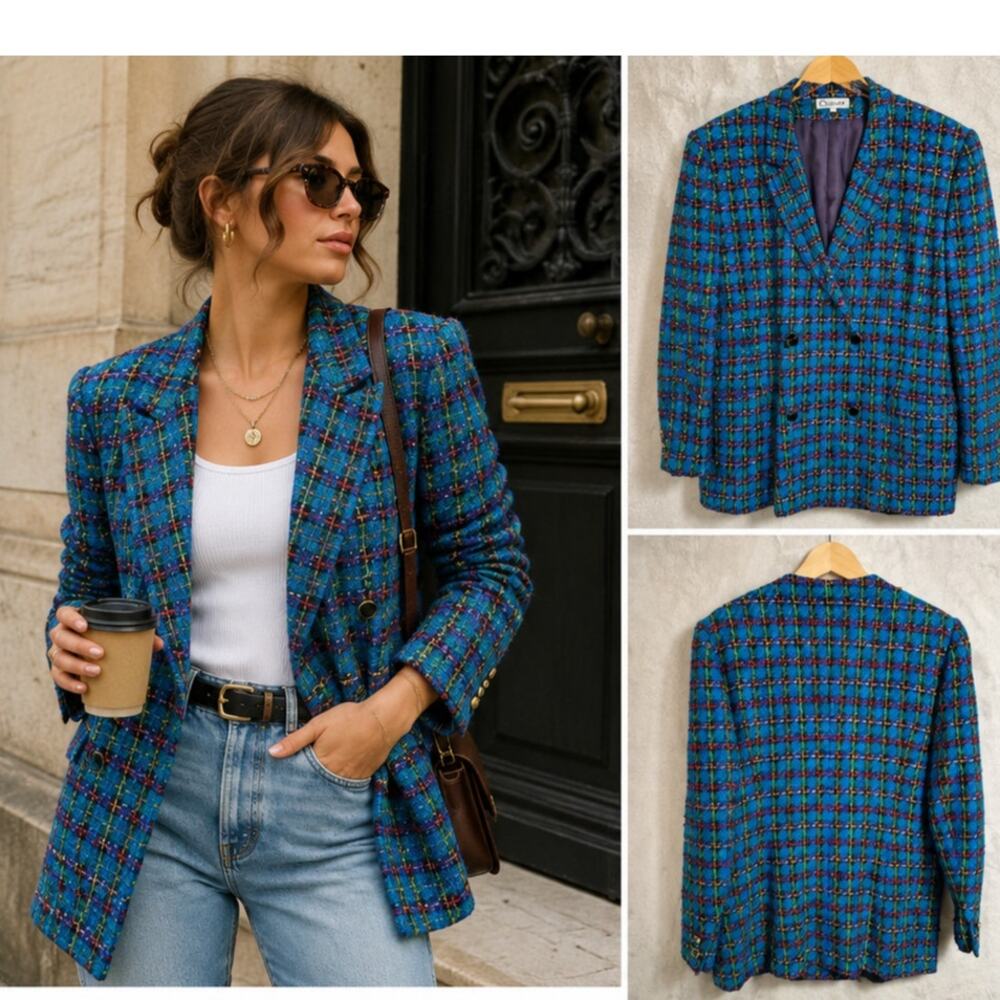 Vintage 80s Rainbow Tweed Plaid Blazer Double Breasted Jacket Women's L